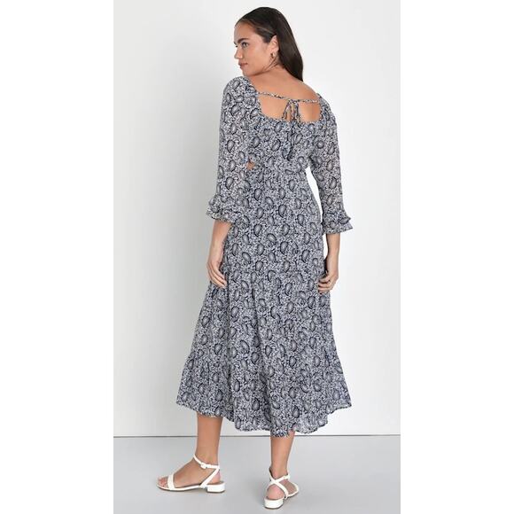 Lulus Blissful Sweetie Navy Blue Paisley Tiered Waist Cutouts Midi Dres Size M - Picture 9 of 11